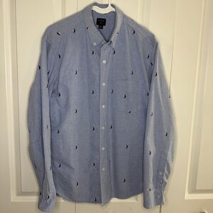 J.Crew Factory Flex Size Medium Sailboat Print Oxford Blue Woven Button Up Mens